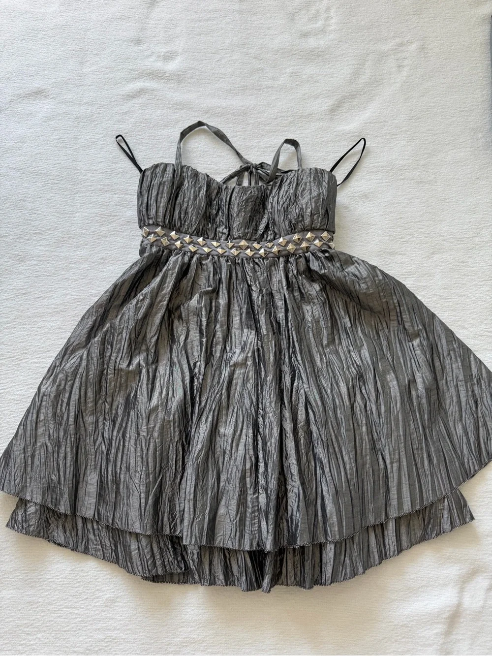 Y2K bebe Silver Crinkled Metallic Studded Waist Party Dress - Picture 2 of 6